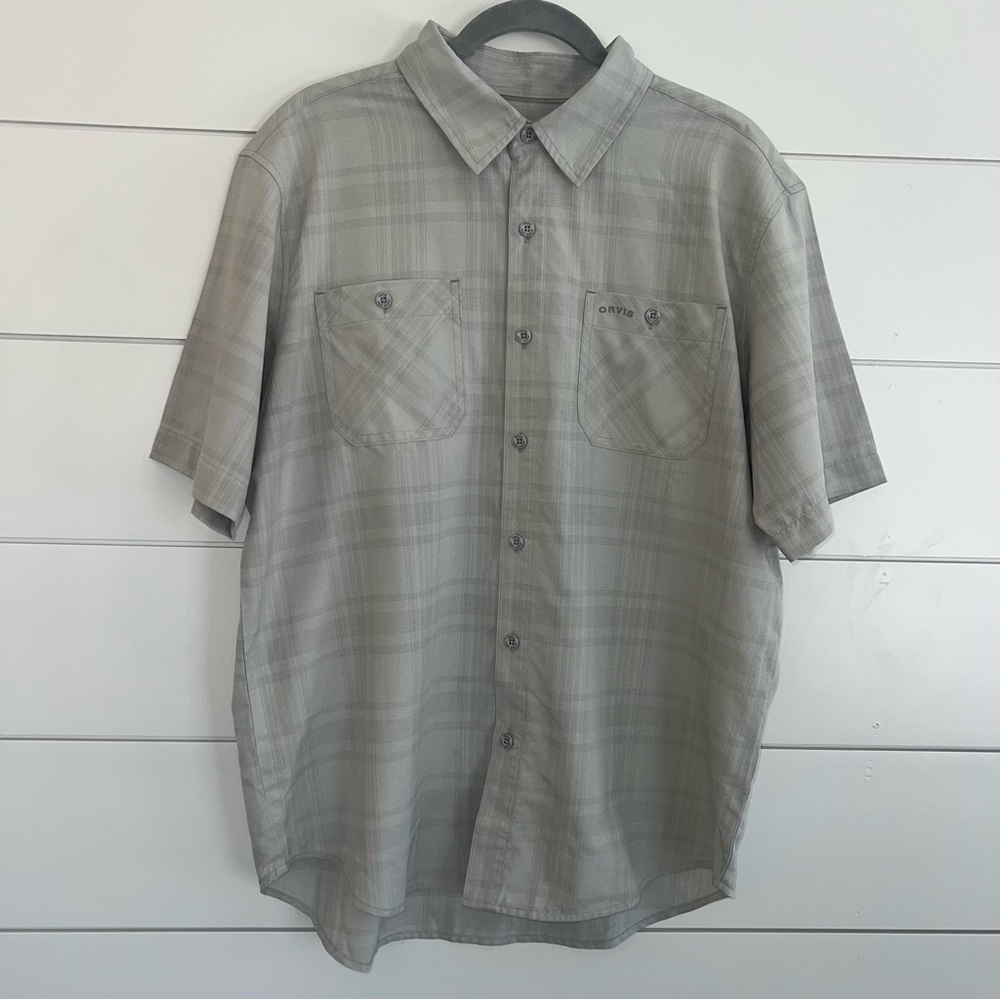 Orvis Mens L Tech Shirt Gray Short Sleeve Fishing Performance UPF 30 Quick Dry